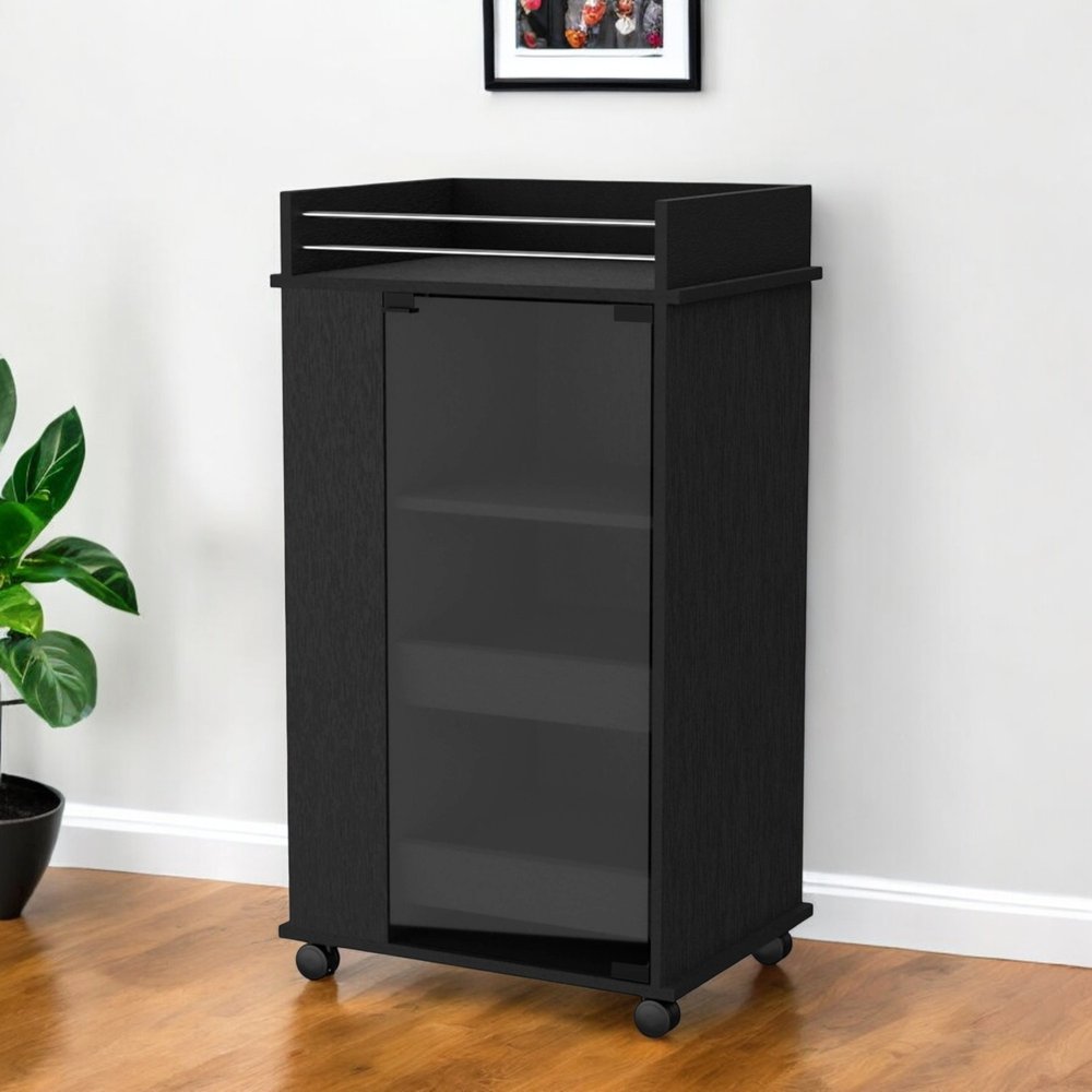 22" Black And Clear Wood And Glass Rolling Bar Cart