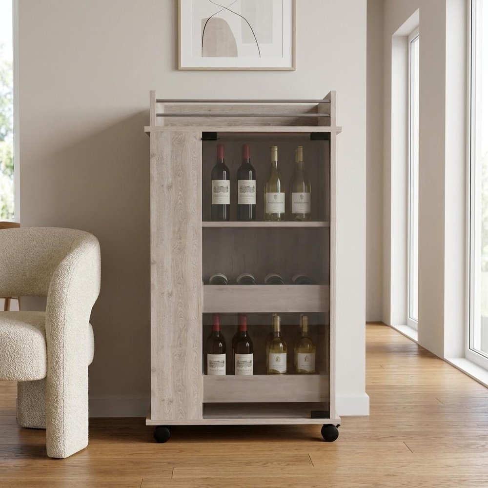 Light Gray Rolling Bar Cart With Wine Storage