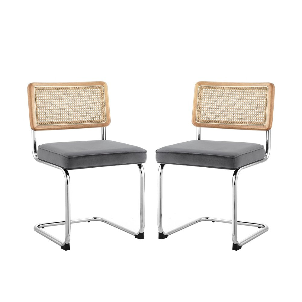 Set of Two Gray and Silver Upholstered Velvet Dining Side Chairs