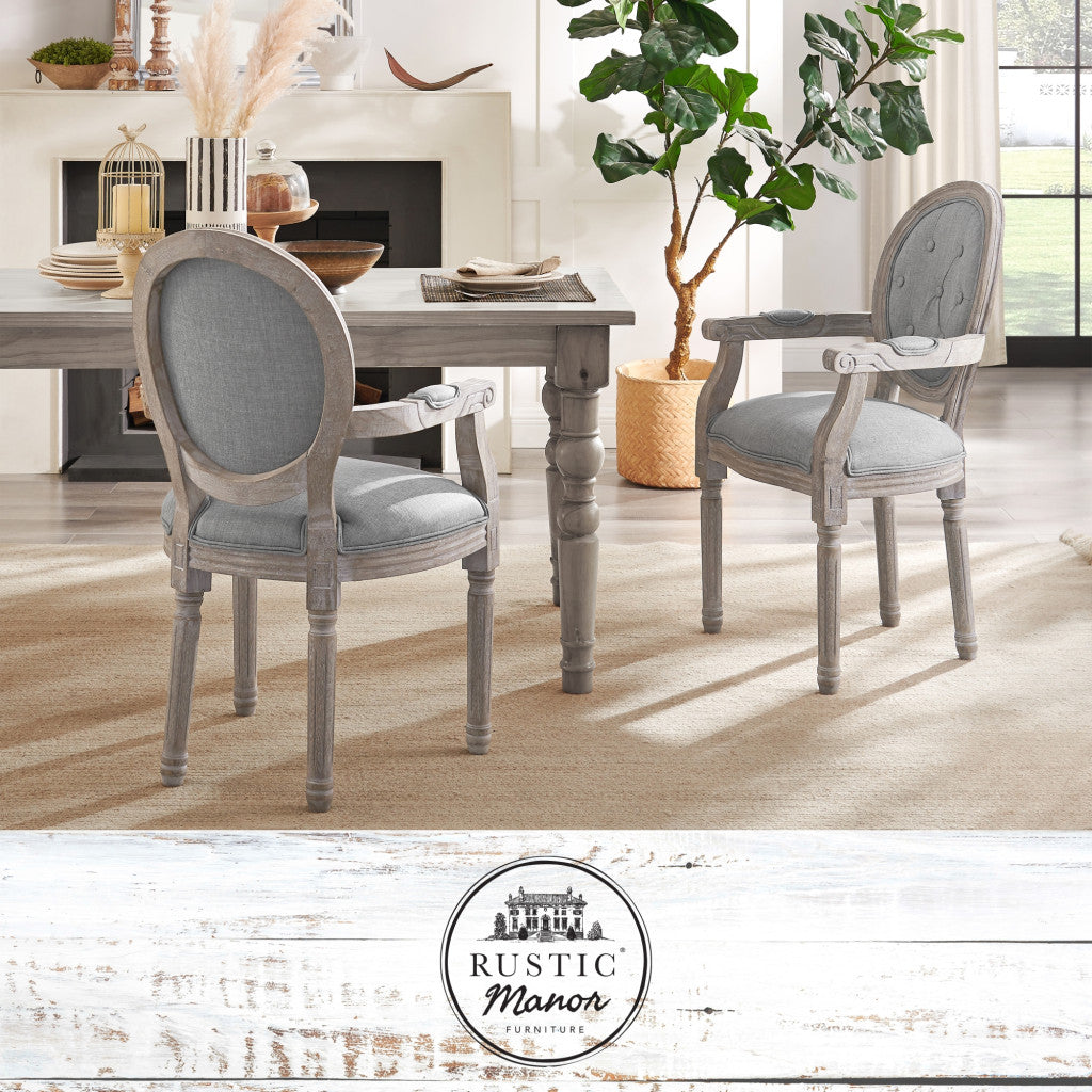 Tufted Cream and Brown Upholstered Linen Dining Arm Chair