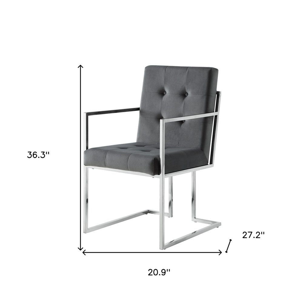 Set of Two Tufted Gray and Silver Metallic Upholstered Velvet Dining Arm Chairs