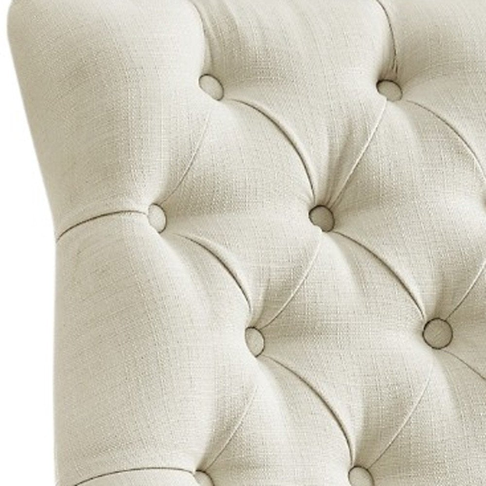 Set of Two Tufted Cream and Clear Upholstered Linen Dining Arm Chairs