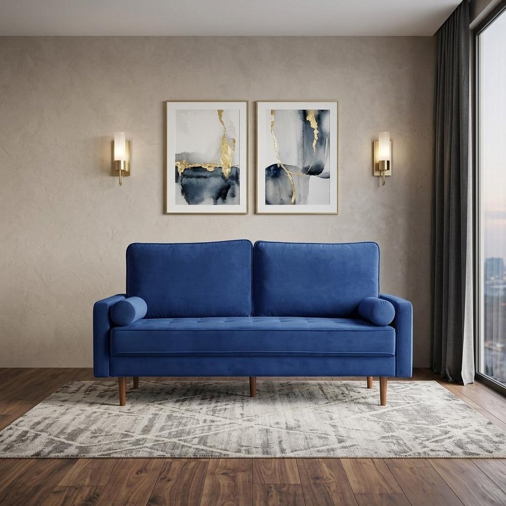 69" Blue Velvet Sofa And Toss Pillows With Dark Brown Legs