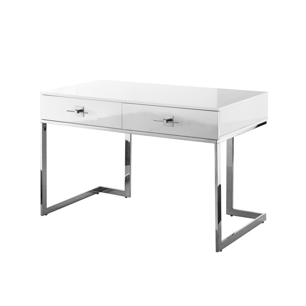 47" White and Silver Writing Desk With Two Drawers