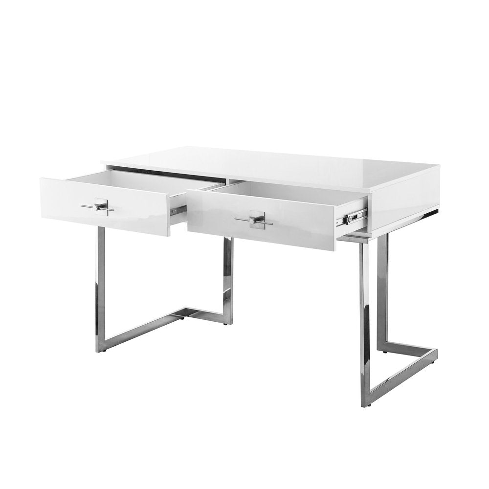 47" White and Silver Writing Desk With Two Drawers