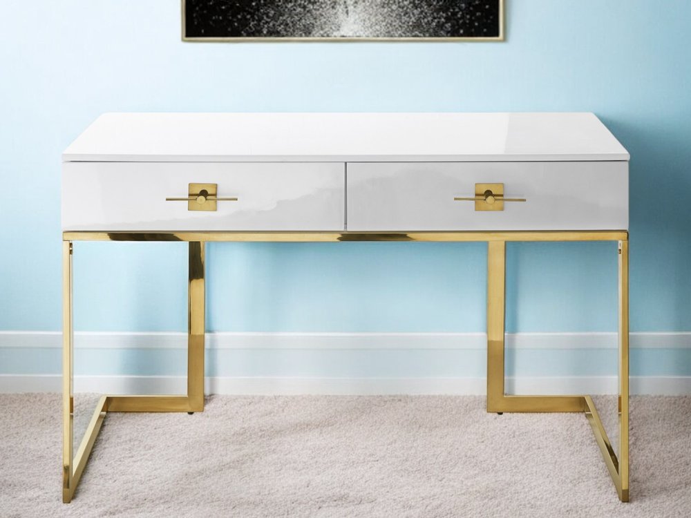 47" White and Silver Writing Desk With Two Drawers