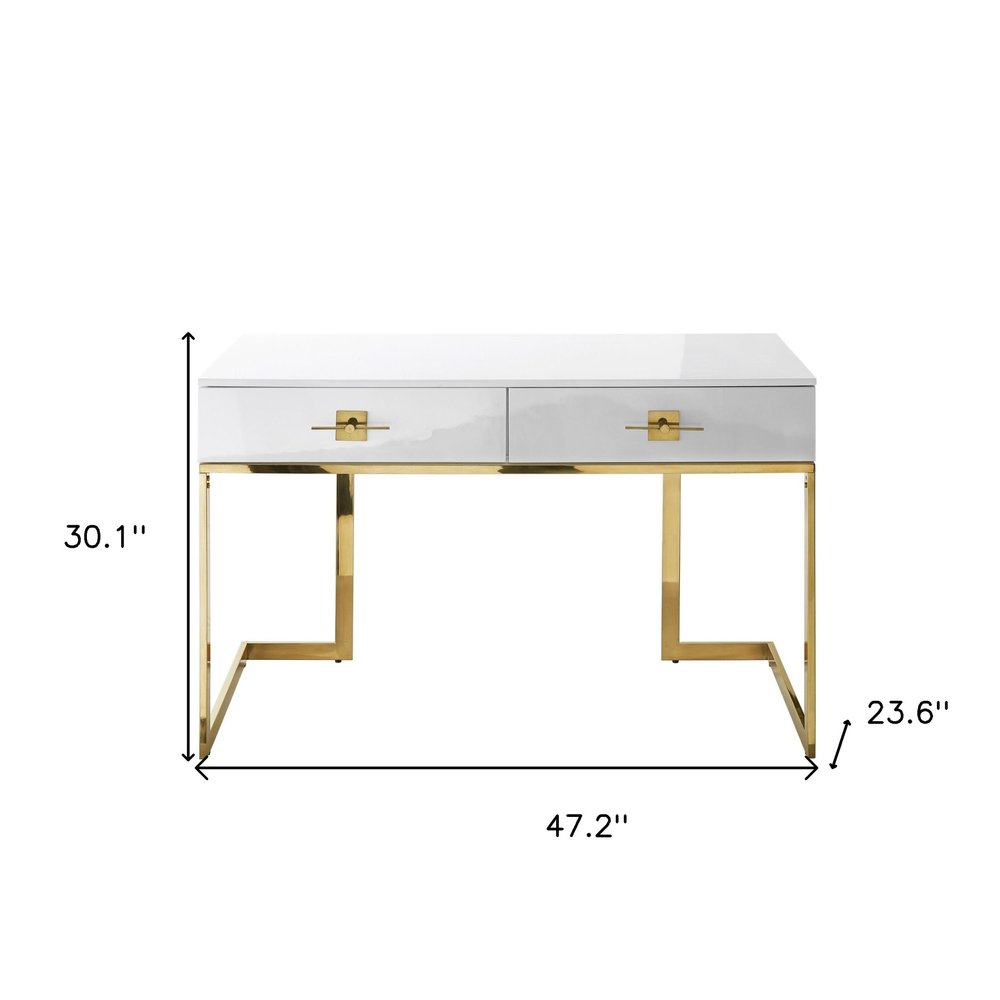 47" White and Silver Writing Desk With Two Drawers