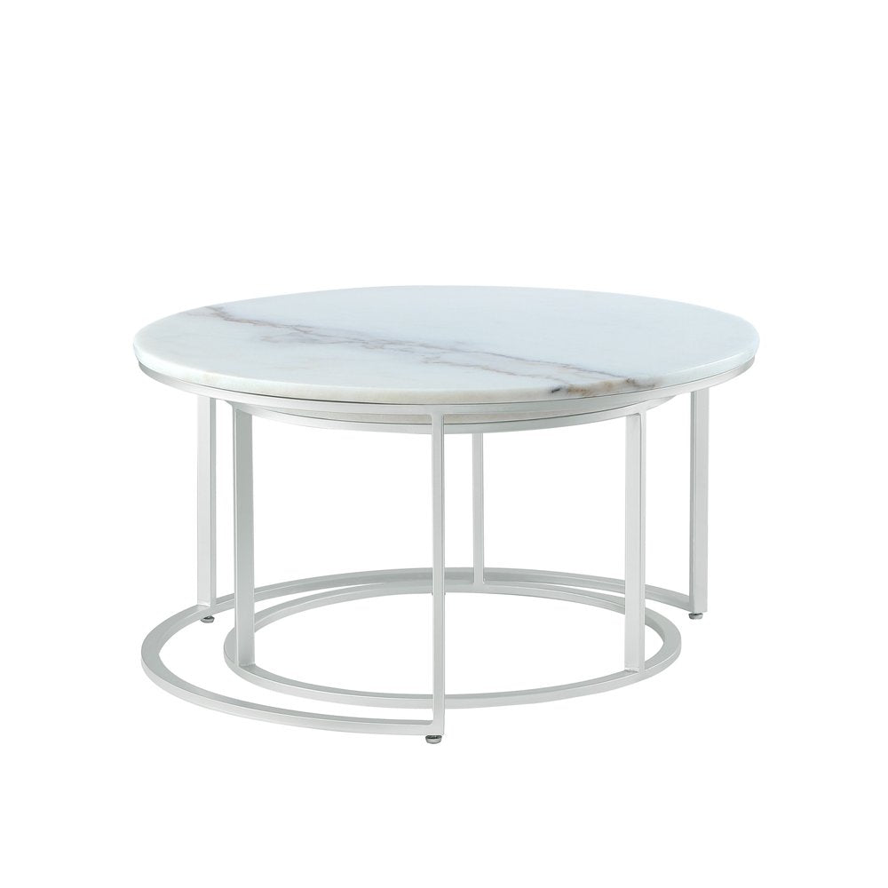 Set of Two 31" White And Gold Genuine Marble And Iron Round Nested Coffee Tables