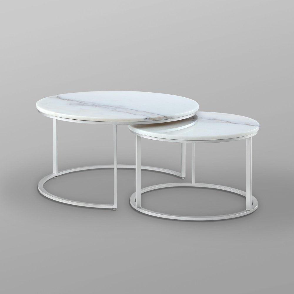 Set of Two 31" White And Gold Genuine Marble And Iron Round Nested Coffee Tables