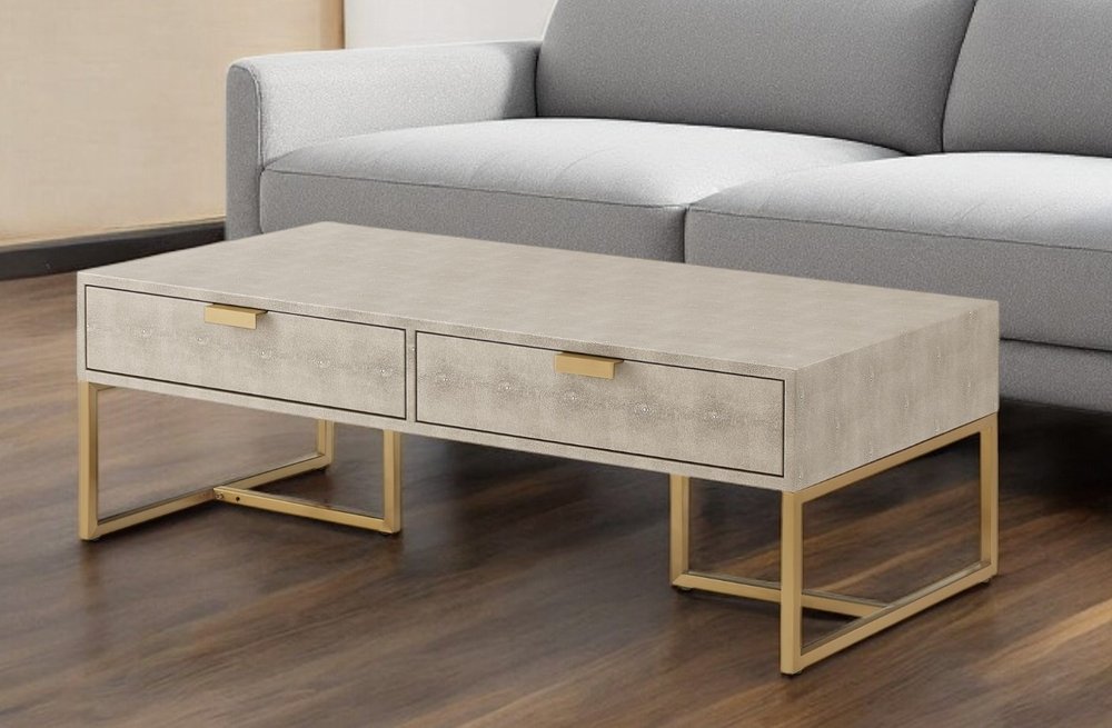 46" Gray And Gold Stainless Steel Coffee Table With Two Drawers