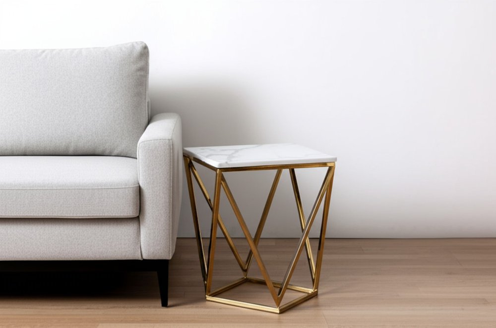 22" Silver Metallic And White Stone Square End Table