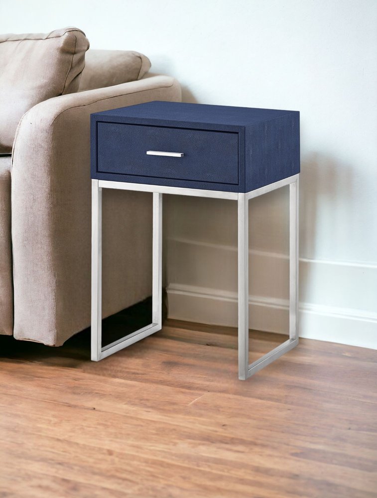 24" Silver Metallic And Navy Blue End Table With Drawer