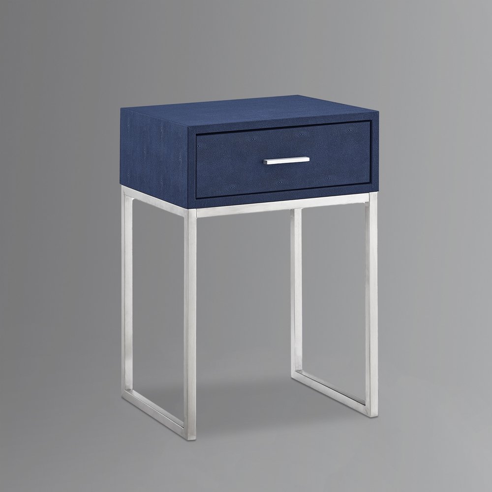24" Silver Metallic And Navy Blue End Table With Drawer
