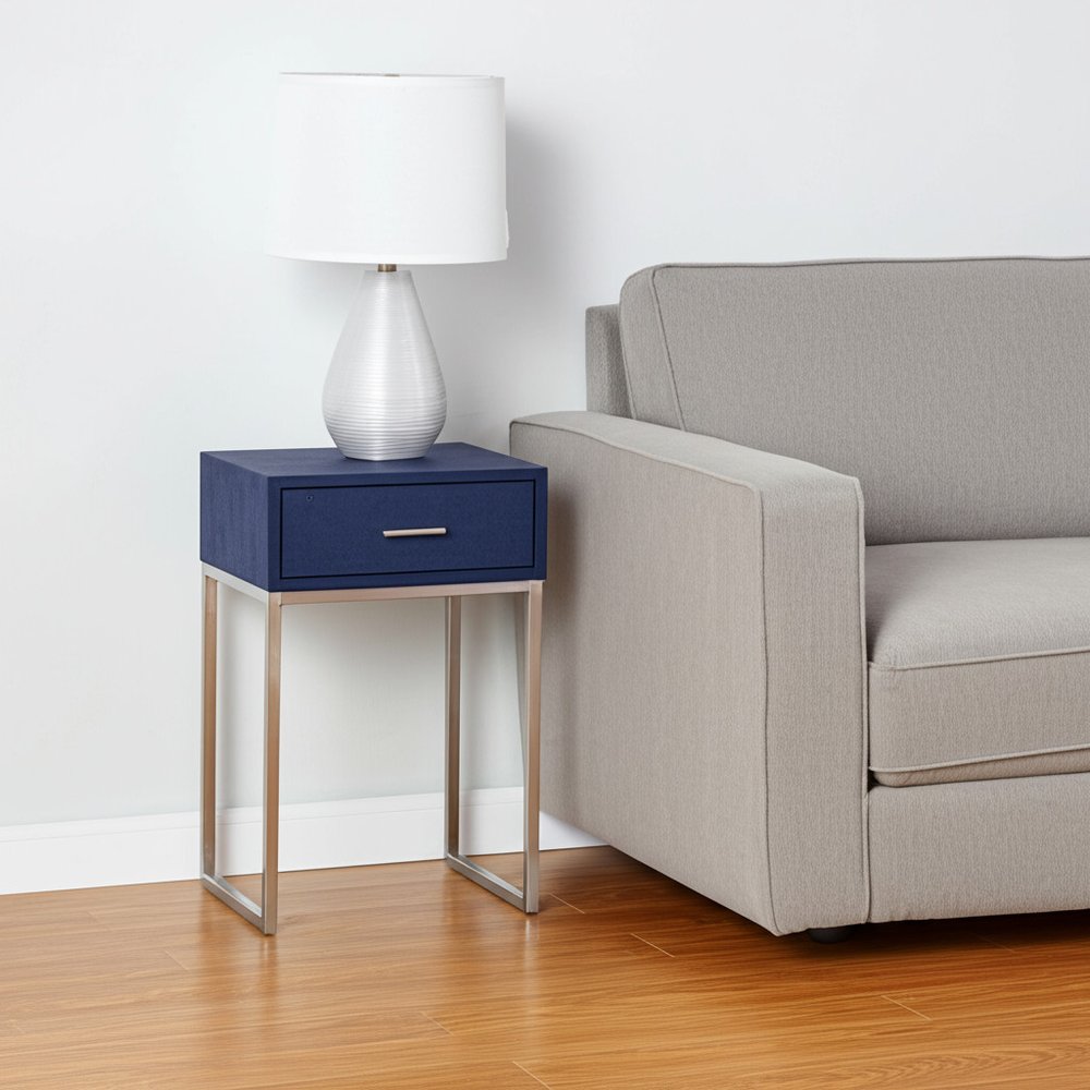 24" Silver Metallic And Navy Blue End Table With Drawer