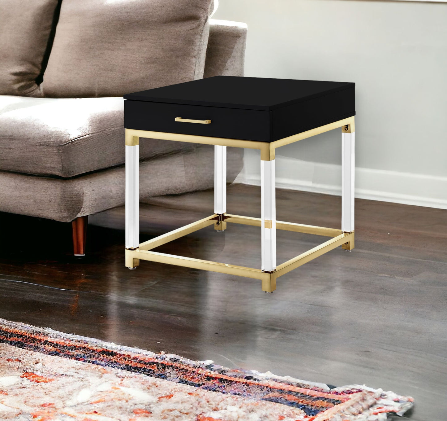 24" Silver Metallic And White Square End Table With Drawer