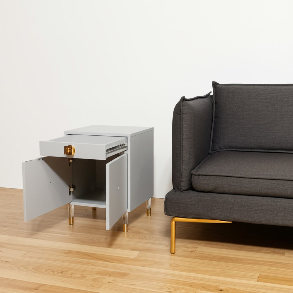 26" Clear And Light Gray End Table With Drawer And Shelf