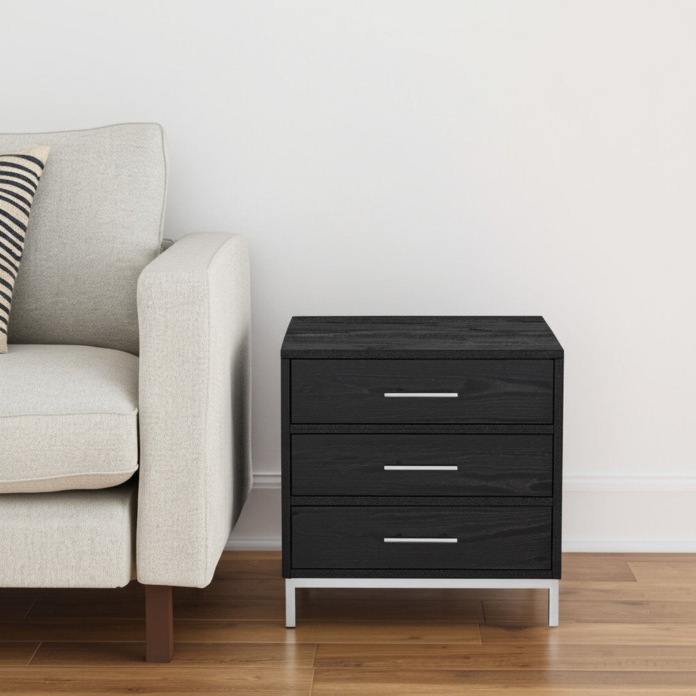 24" Silver Metallic And Black End Table With Three Drawers
