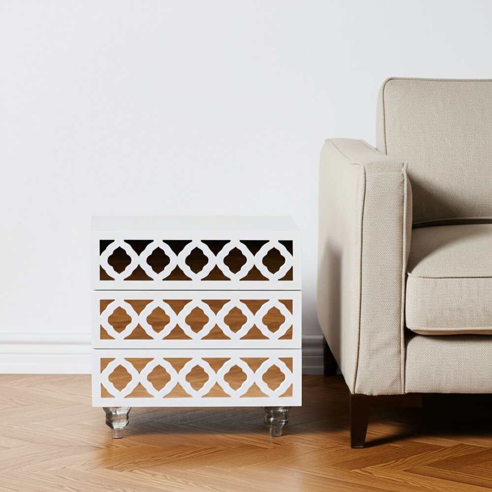 24" Clear And White Wood Mirrored End Table With Three Drawers