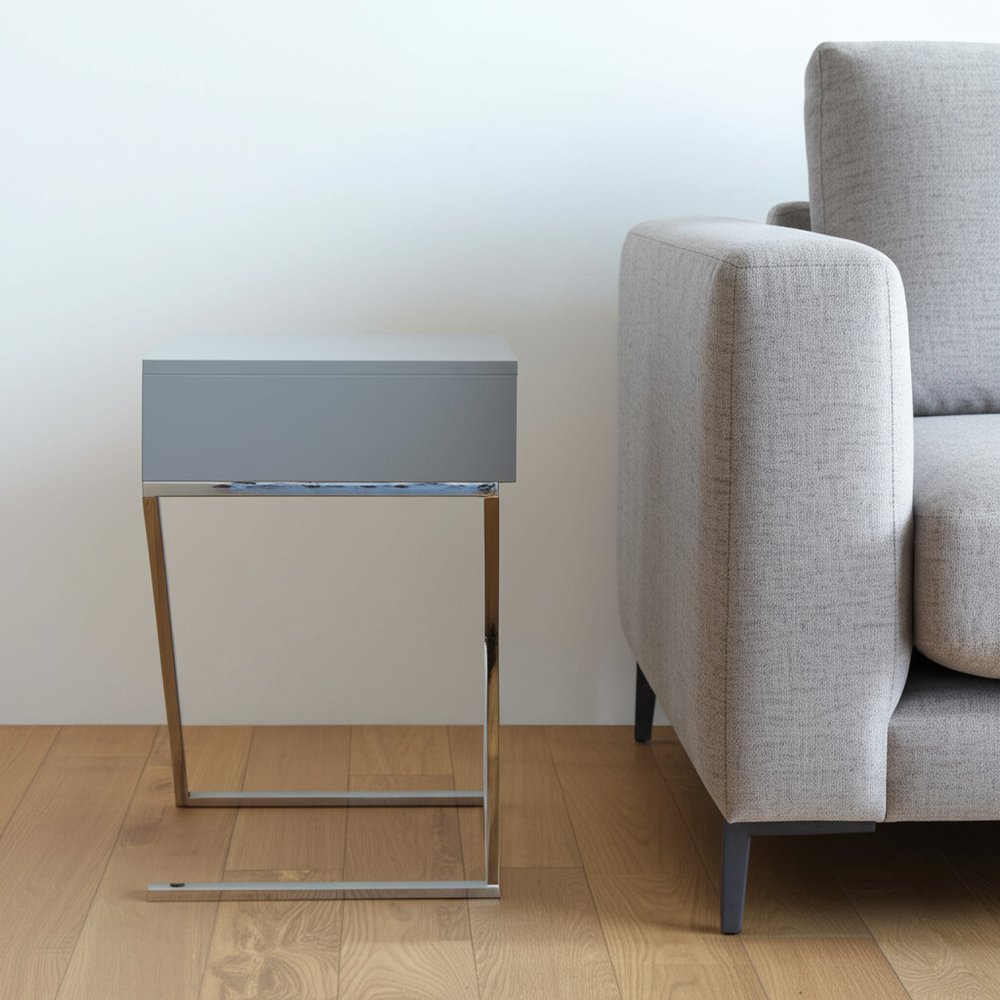 25" Silver Metallic And Light Gray End Table With Drawer