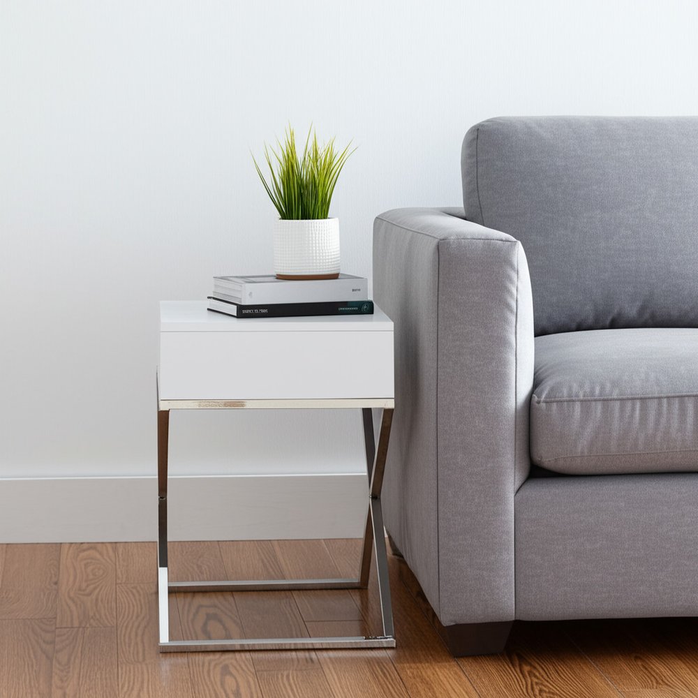 25" Silver And White End Table With Drawer