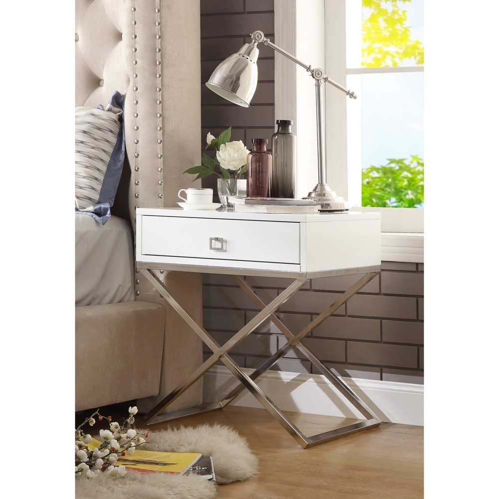 25" Silver And White End Table With Drawer