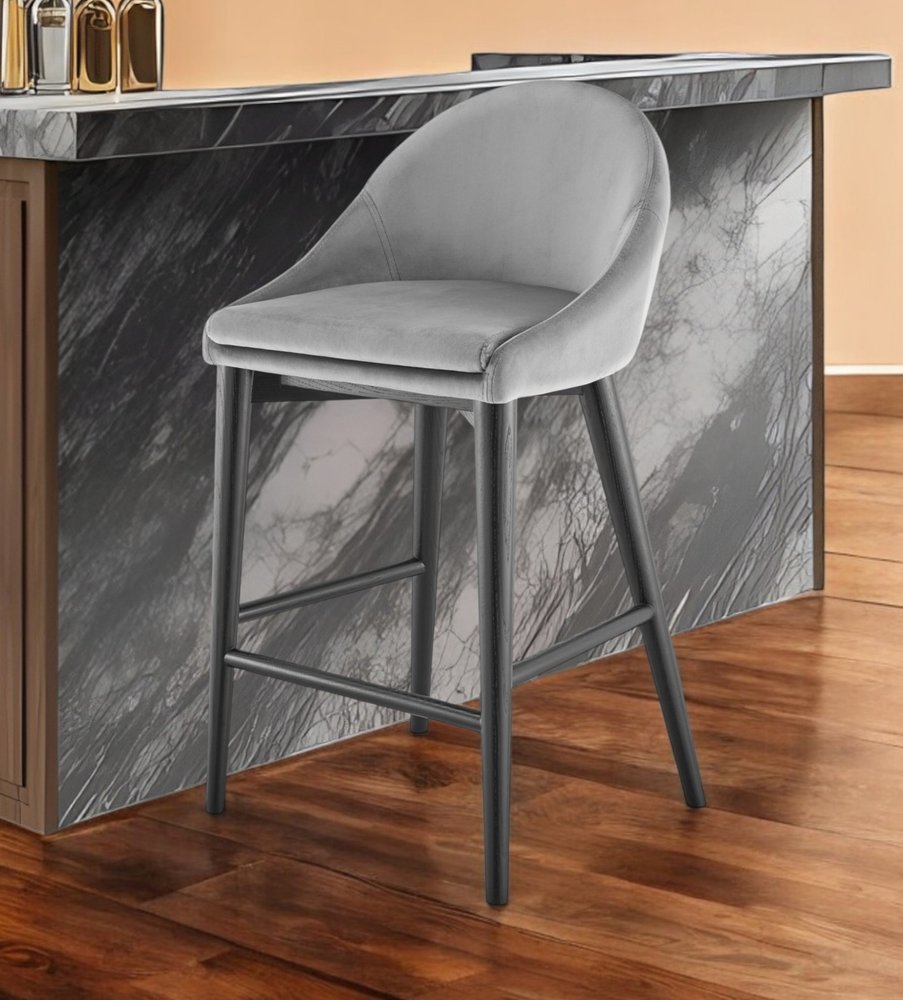 26" Gray and Black Velvet and Solid Wood Low Back Counter Height Bar Chair
