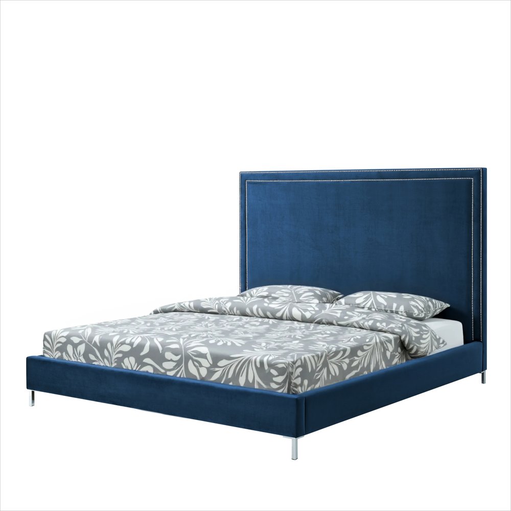 Gray Solid Wood King Upholstered Velvet Bed with Nailhead Trim