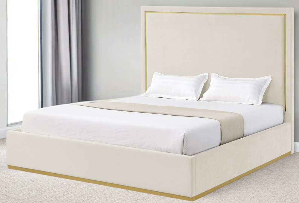 Beige Solid Wood King Upholstered Velvet Bed