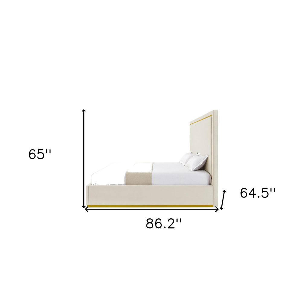 Beige Solid Wood King Upholstered Velvet Bed