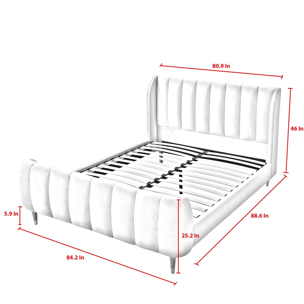 Beige Solid Wood King Tufted Upholstered Velvet Bed Frame