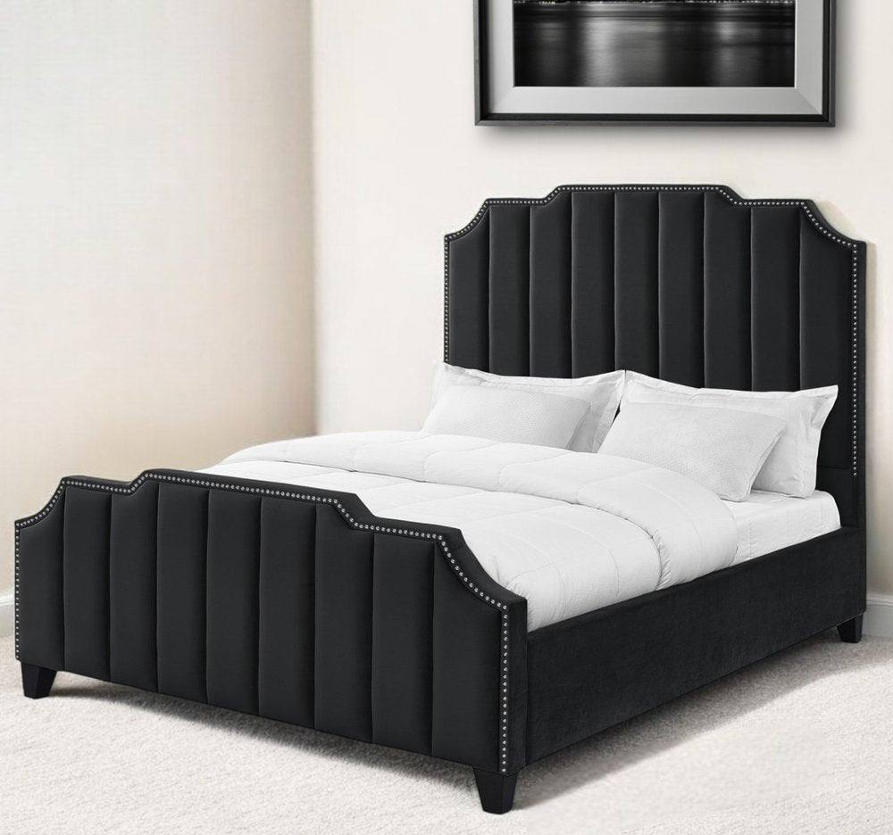 Black Solid Wood King Tufted Upholstered Velvet Bed with Nailhead Trim