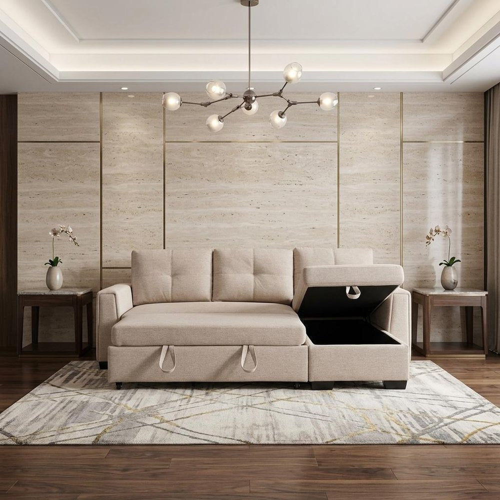 92" Beige Polyester Blend Convertible Futon Sleeper Sofa With Black Legs