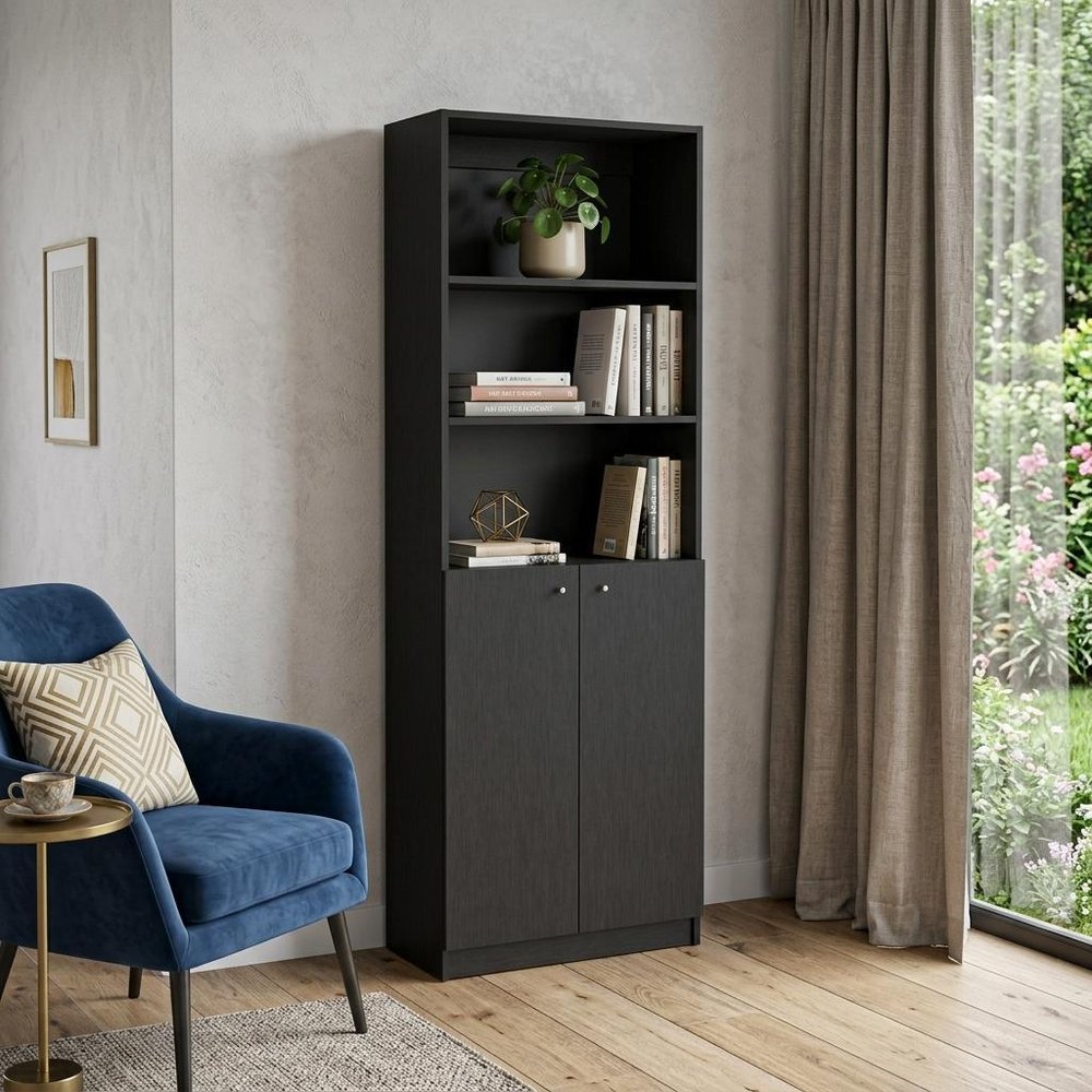 71" Black Five Tier Bookcase with Two doors