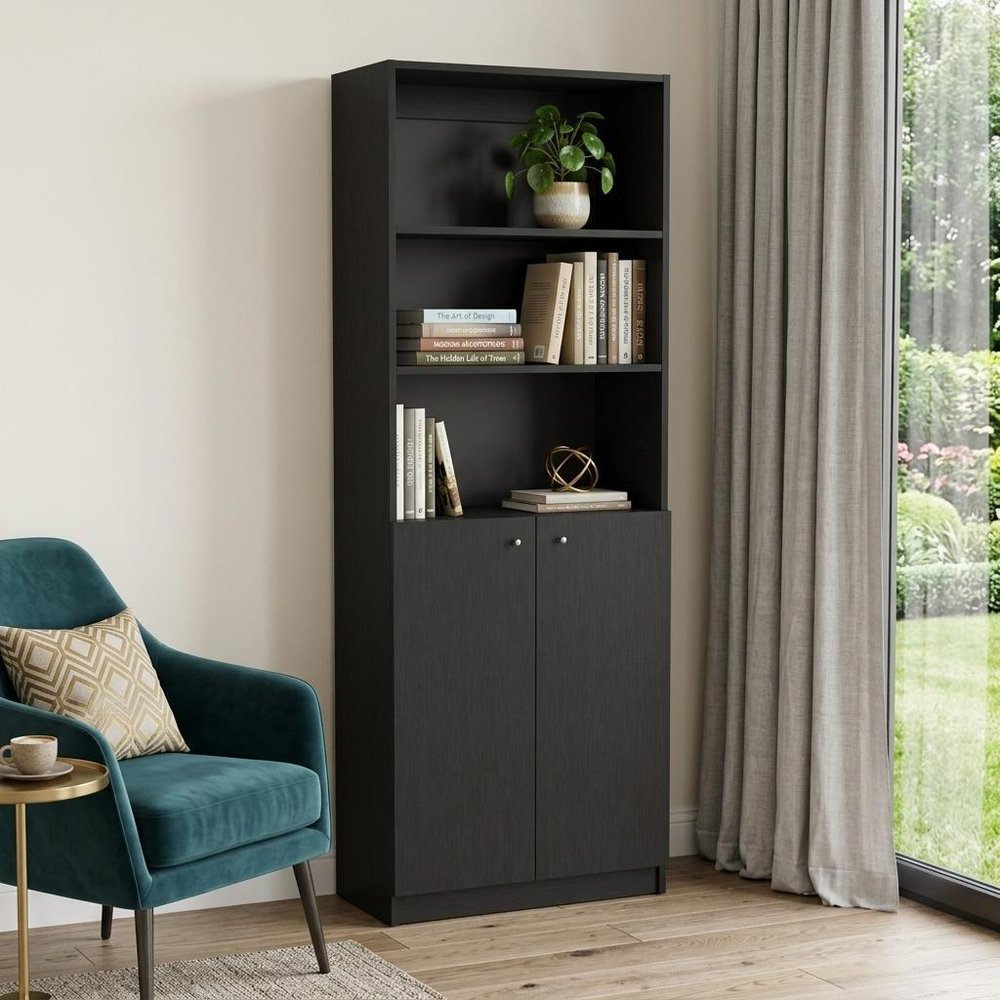 71" Black Five Tier Bookcase with Two doors