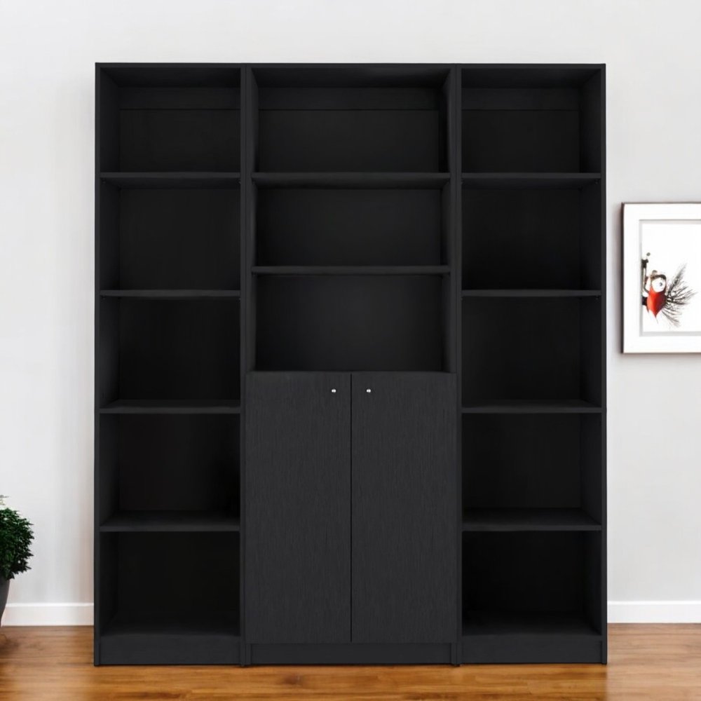 Set of Three Black Five Tier Bookcases with Two Doors