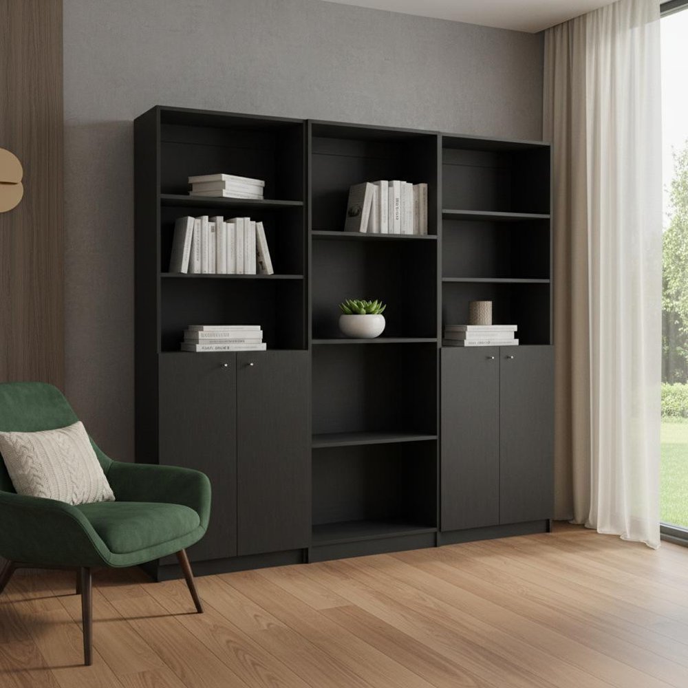 71" Black Five Tier Bookcase with Four doors