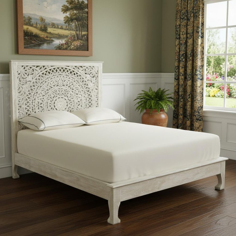 Gray Carved Floral Distressed Solid Wood Queen Bed Frame