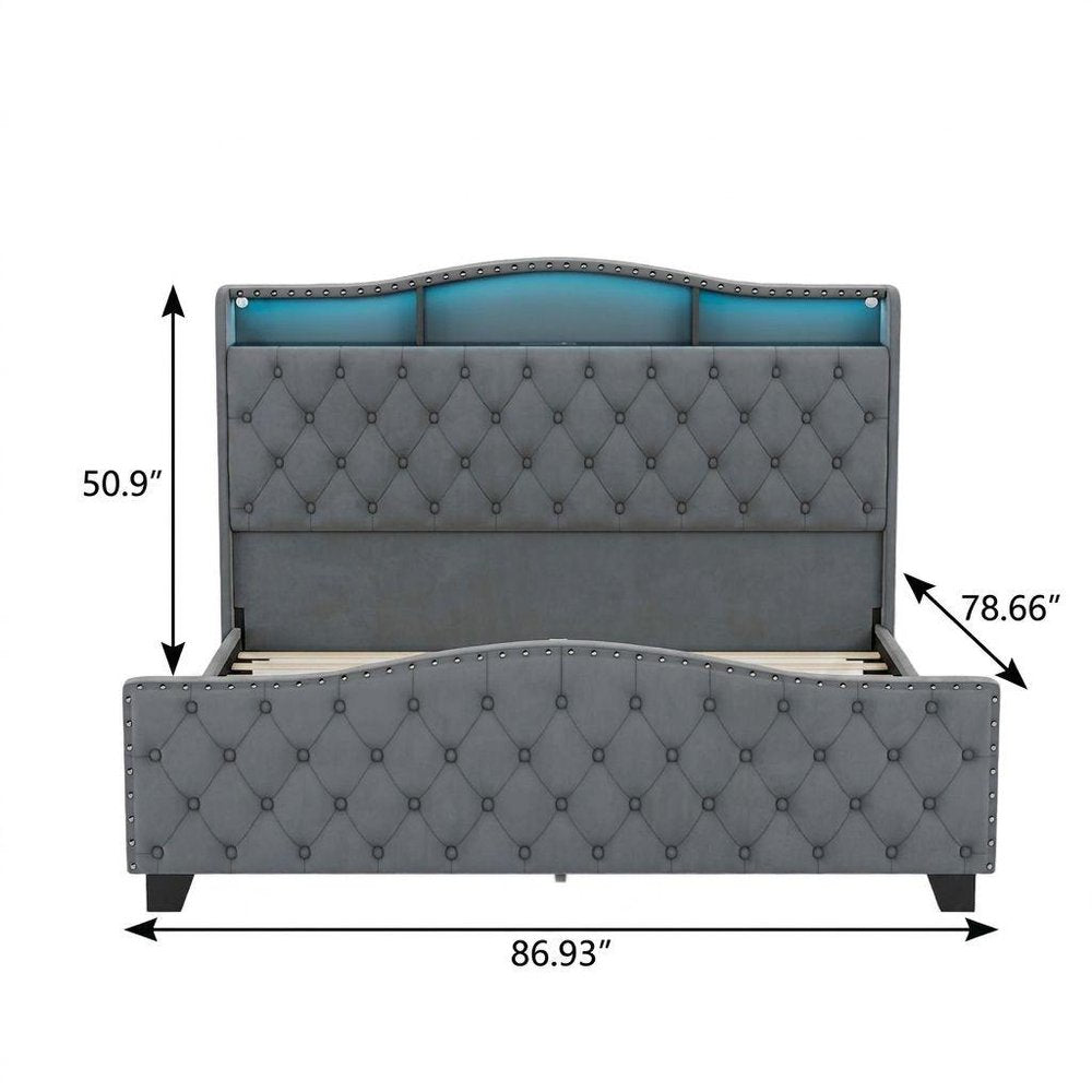 Gray Tufted Velvet Upholstered Queen Bed Frame With Lights USB And Shelves