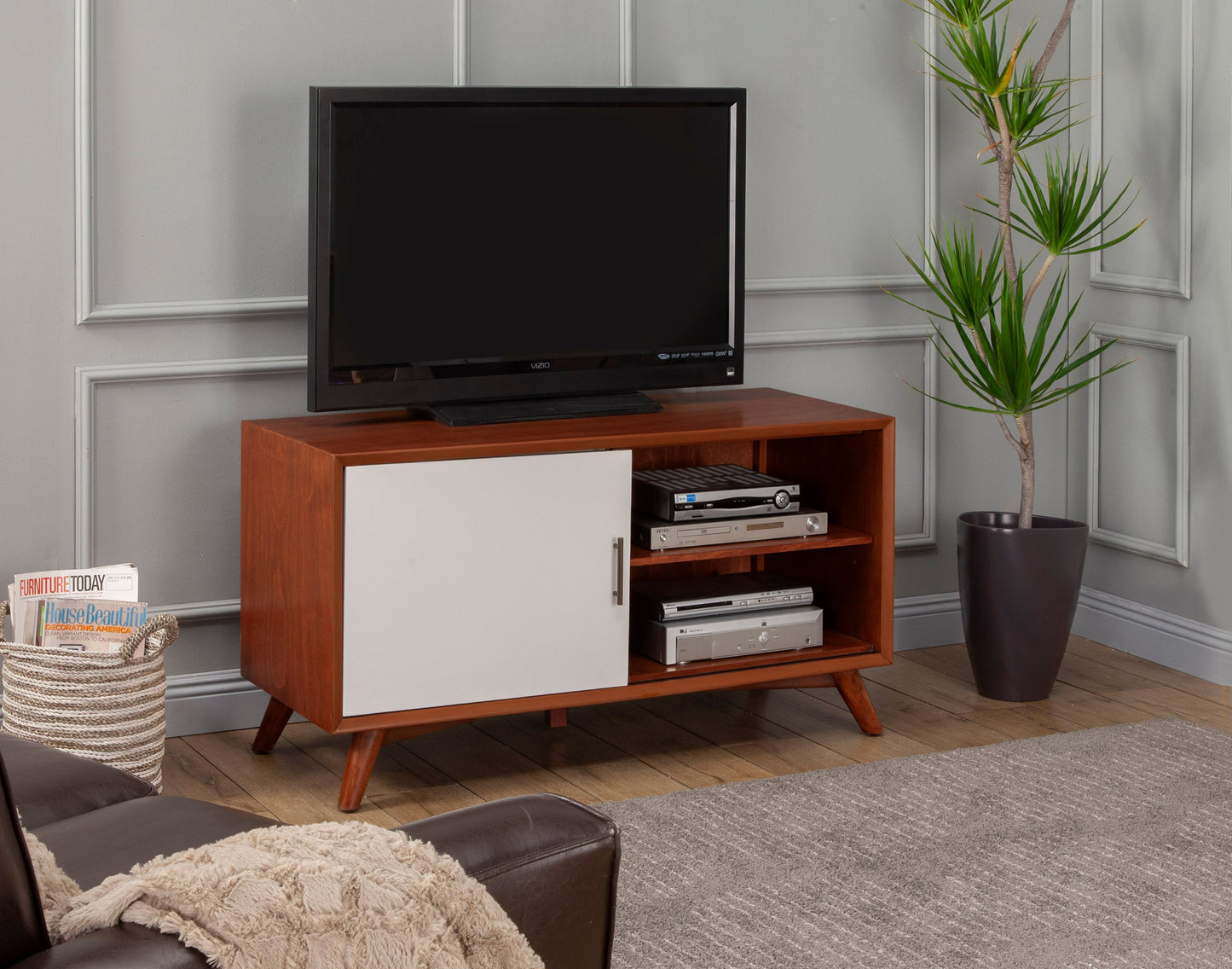 Flynn Small TV Console, Cherry Acorn/White