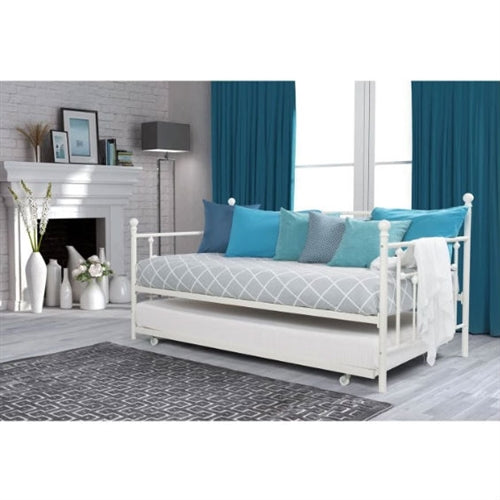 White Metal Daybed Frame with Roll-Out Trundle Bed