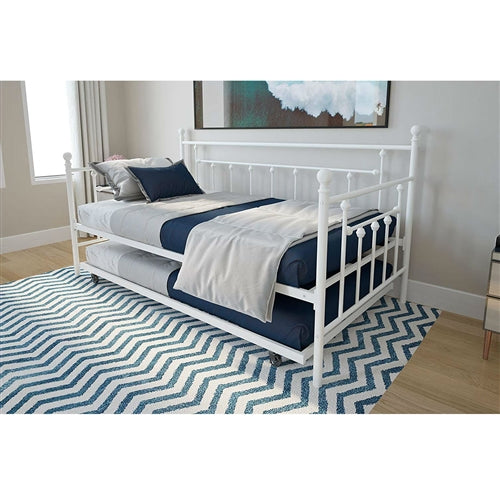 White Metal Daybed Frame with Roll-Out Trundle Bed