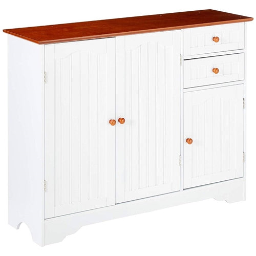 White Wood Sideboard Buffet Cabinet with Walnut Finish Top and Knobs