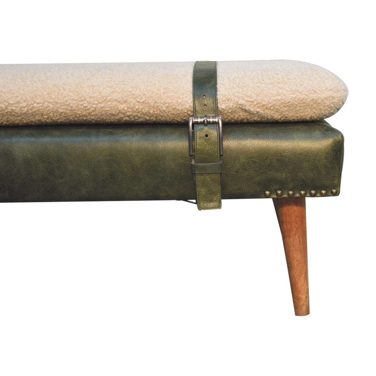 Boucle Buffalo Hide Olive Green Leather Bench