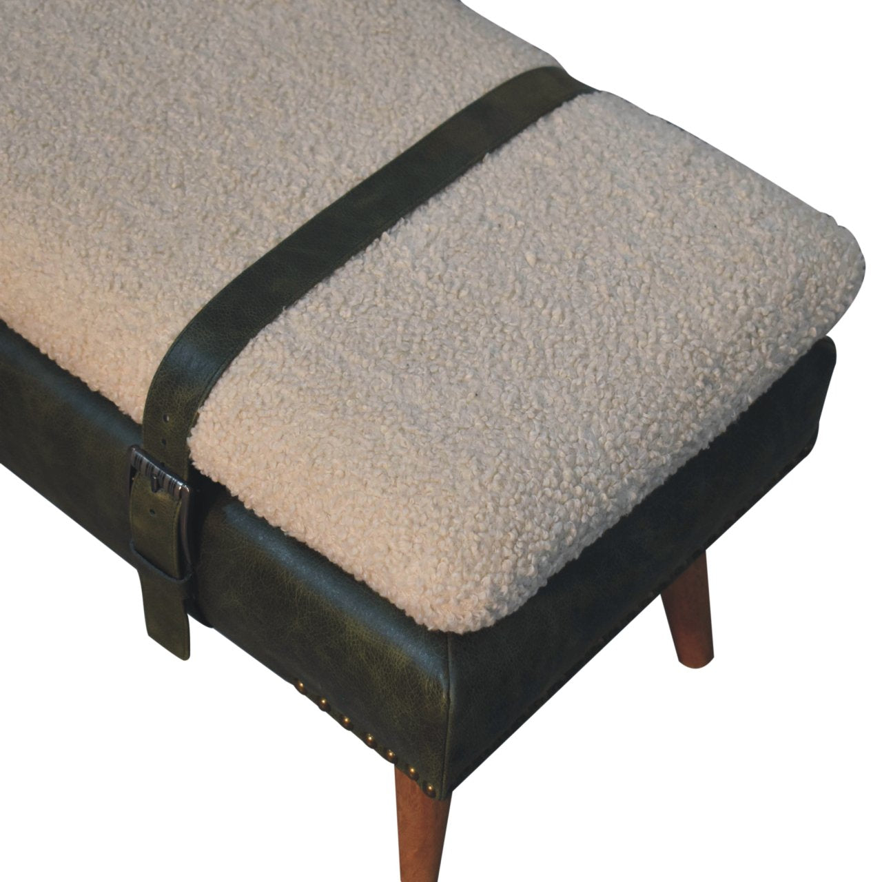 Boucle Buffalo Hide Olive Green Leather Bench