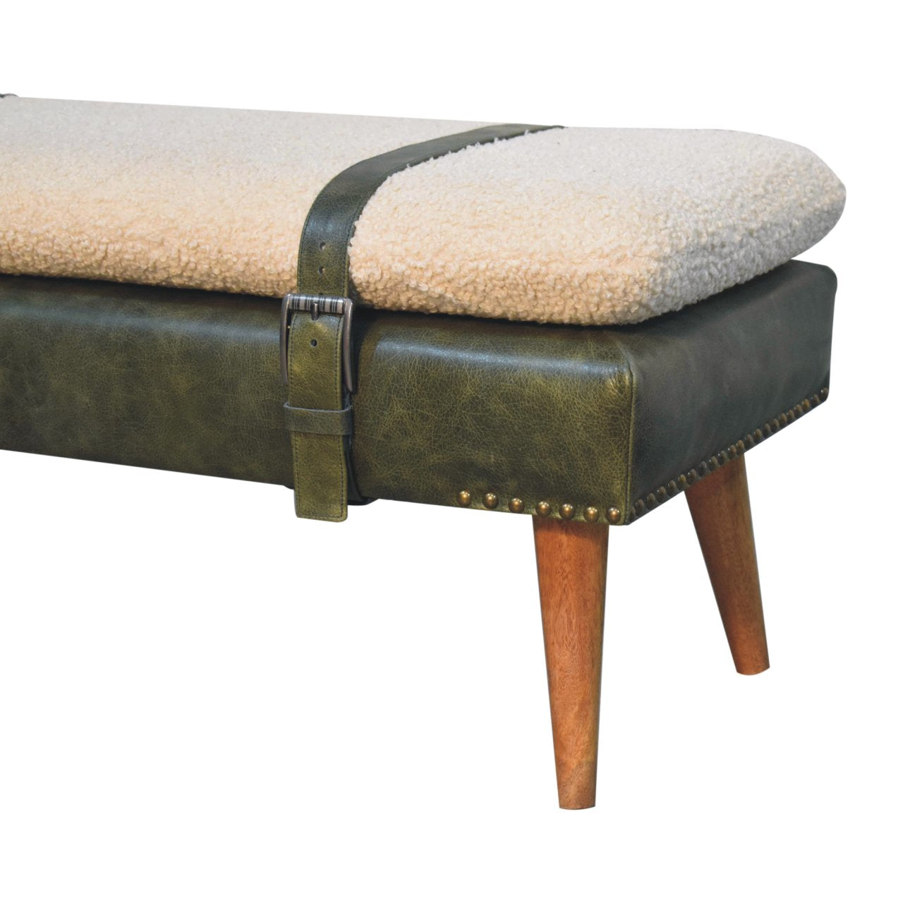Boucle Buffalo Hide Olive Green Leather Bench