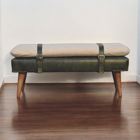 Boucle Buffalo Hide Olive Green Leather Bench