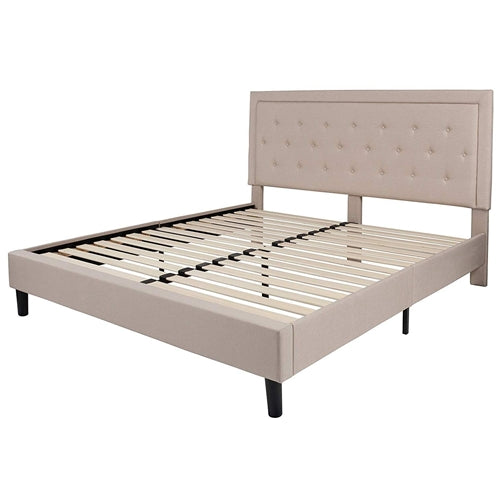 Beige Upholstered Platform Bed Frame with Button Tufted Headboard