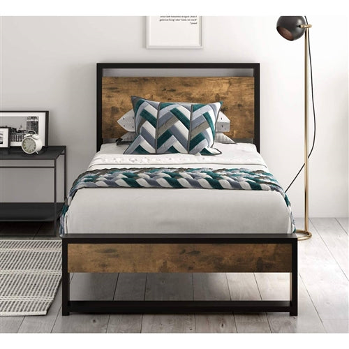 Metal Wood Platform Bed Frame with Industrial Headboard