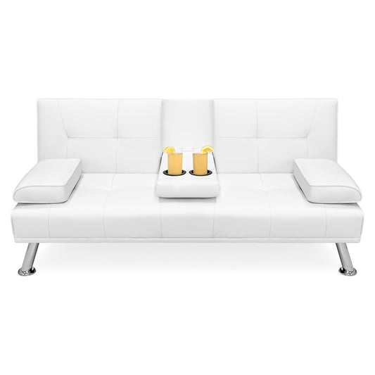 White Faux Leather Convertible Sofa Futon with 2 Cup Holders
