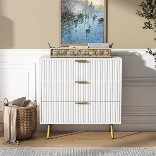 Mid-Century Modern 3 Drawer Dresser Chest of Drawers in White with Gold Handles